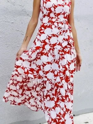 Robe longue florale/robe longue femme/robe longue avec halter au ras-du-cou/robe femme/Lyon centre/Marseille/Montpellier/Toulouse/Roanne/Reims/Nice/Nîmes/Grenoble/Valence/Ile-de-France/Paris/France