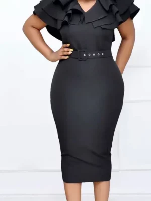 Robe crayon bodycone à volants, Robe d'affaires à volants, Robe à col en V, Robe taille décontractée, Robe de couleur unie, Robe grande taille/Lyon centre/Grenoble/Montpellier/Roanne/Marseille/Valence/Paris/Reims/Nice/Troyes/Mulhouse/Ile-de-France/France